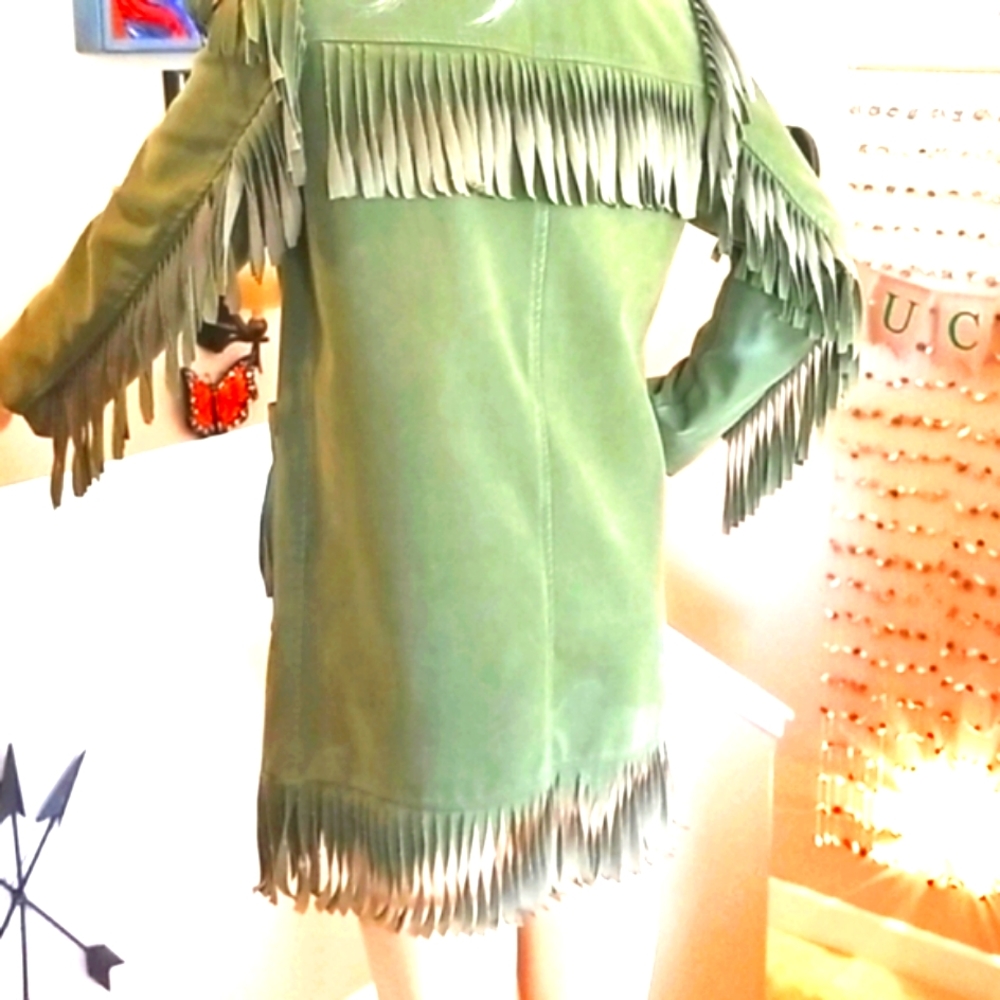 70's FRINGE Travelers OLIVE Green Water VEGAN ALL WEATHER Jacket - Picture 4 of 16